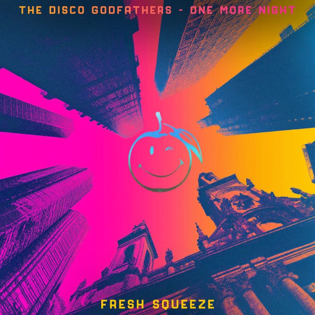 cover art for new single 'One More Night'. Rainbow gradient new york skyline with a happy orange in the middle